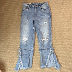 ZARA TRF IX'D Relaxed Straight Jeans Womens 2 Split Hem Grunge Destroyed